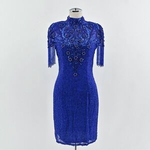Vtg‎ 80s Niteline Silk Beaded Sequin Dress Size 6 Blue Cocktail High Neck Fringe